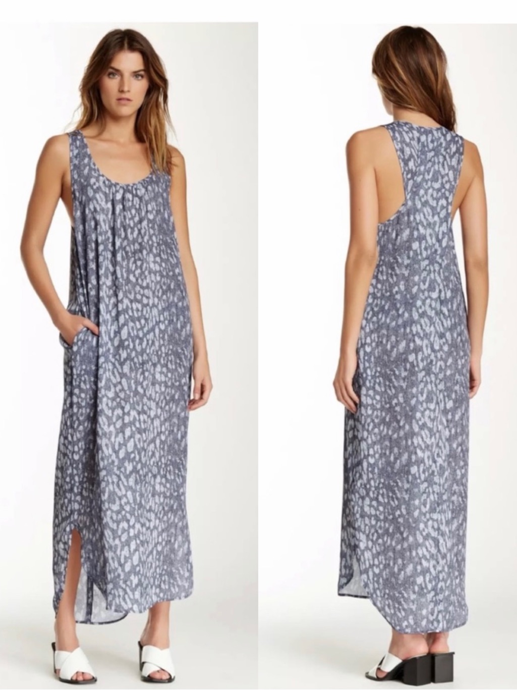 L’agence Blue Gray Leopard Print Racerback Maxi Dress Size 2 Pockets